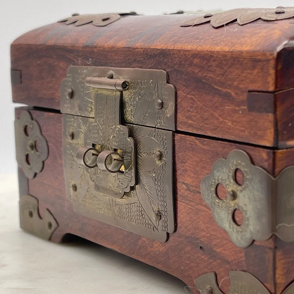 Vintage Chinese Carved Inlay Jewelry Box Shanghai Blue Silk Wooden‎